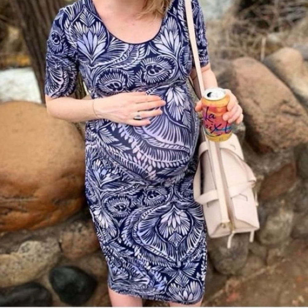 A PEA IN THE POD Ruched Navy Blue & White Boho Paisley Ikat Maternity Midi Dress
